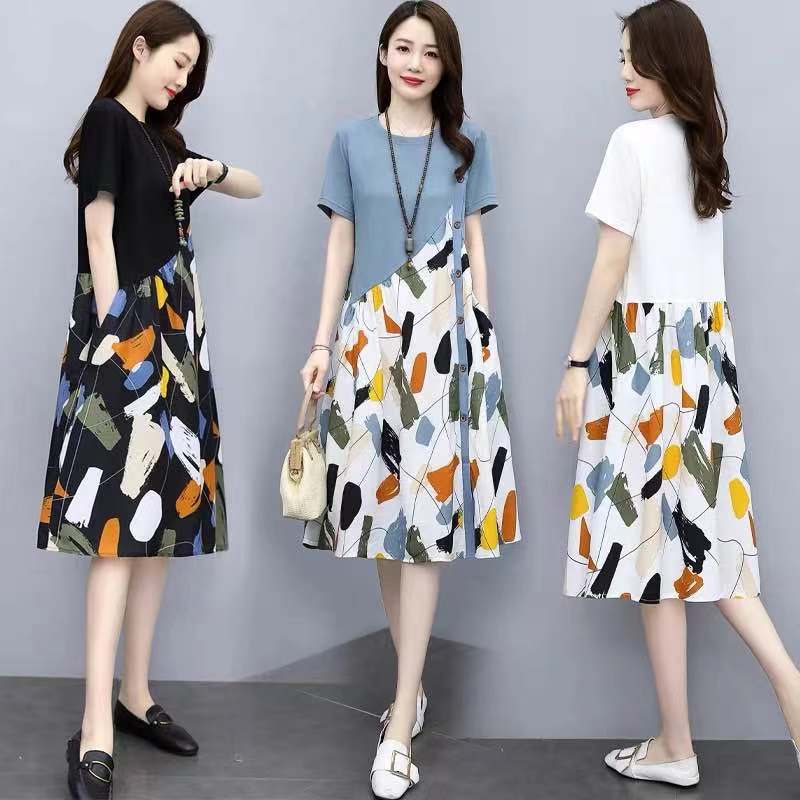 เดรสยาวผหญง พมพลายศลปะ ผาคอตตอนผสมสแปนเดกซ นมเดง ไซส M-4XL (อก36-48นว) พรอมสง ในไทย