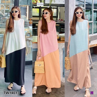 TW14013Maxi Dress เดรสยาว คอกลม แขนกุด มีกระเป๋า2ข้าง เนื้อผ้าปราด้าเย็บตัดต่อสองสีทูโทน โทนสีน่ารักมากก พร้อมส่ง