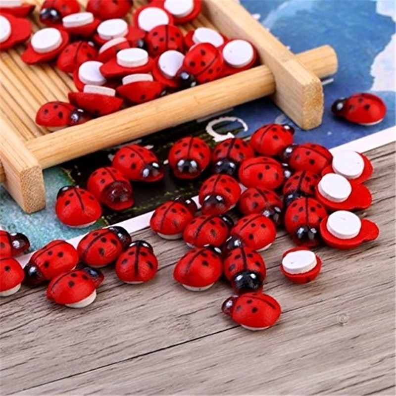 100 ชิ้น Mini ไม้ Ladybug รูปสติกเกอร์ Miniature สําหรับ Fairy Garden ตุ๊กตาตกแต่งบ้าน - รูปที่ 5