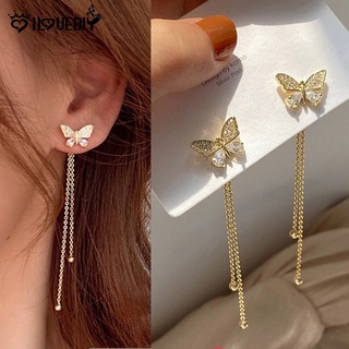 Fashion Butterfly Long Tassel Earrings/Sweet Shiny Rhinestone Alloy Butterfly Ear Studs/Women Girls Gold Beads Pendant Earring Jewelry