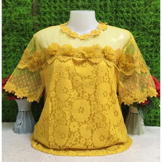 เสื้อลูกไม้ ผ้านิ่ม แขนสั้น ใส่สบาย เสื้อลูกไม้สาวอวบ ออกงาน มีซับในตัว รุ่น3710-3712
