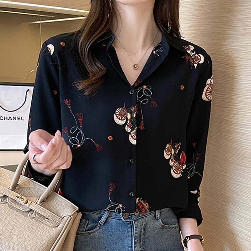 เสื้อเชิ้ตแขนยาว ผ้าชีฟอง แบบเข้ารูป สีดํา แฟชั่นฤดูใบไม้ผลิ สไตล์เกาหลี และฮ่องกง สําหรับผู้หญิง 2021