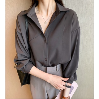 oversize เสื้อเชิ้ตสีพื้นวินเทจผู้หญิง เสื้อ แขนยาวทำงานสีขาวคอโปโลเกาหลี