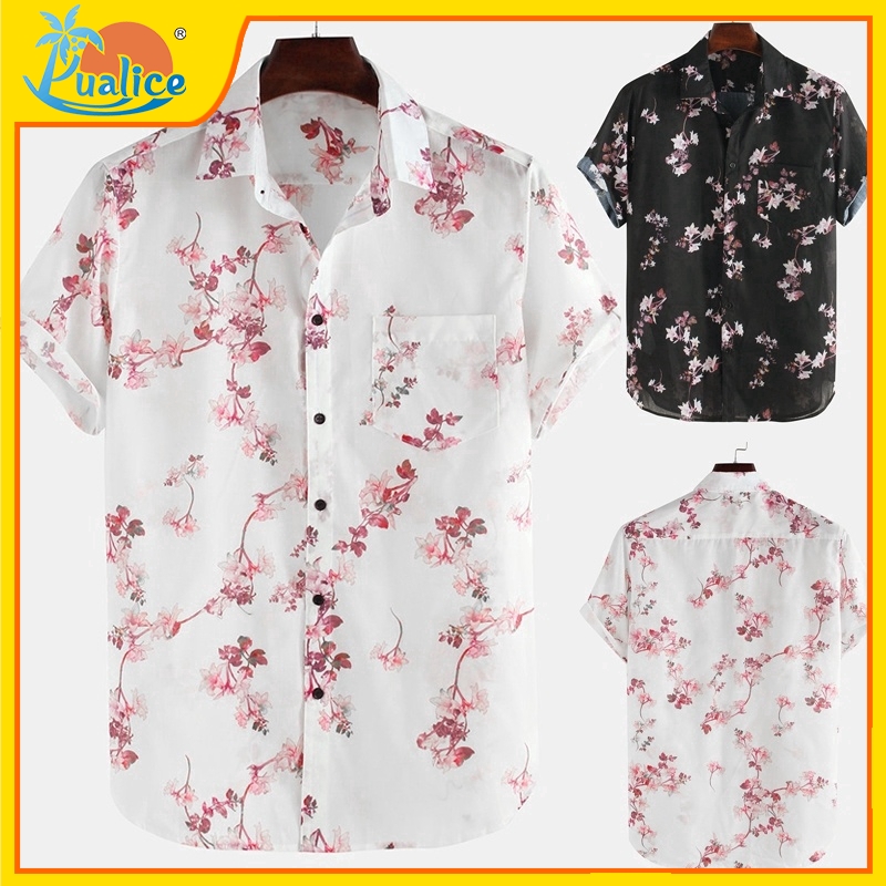 Tops Men Summer Breathable Floral Print Loose Short Sleeve Lapel 