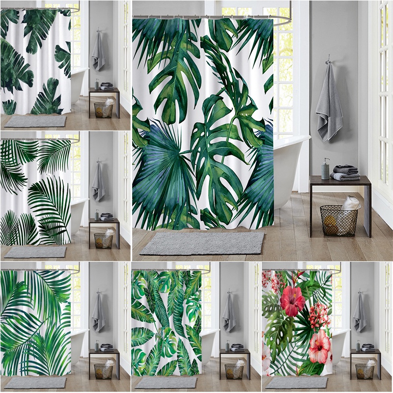 ผ้าม่านโพลีเอสเตอร์ กันน้ํา ลายใบไม้เขตร้อน สีเขียว พร้อมตะขอ 12 ตะขอ สําหรับตกแต่งห้องน้ํา