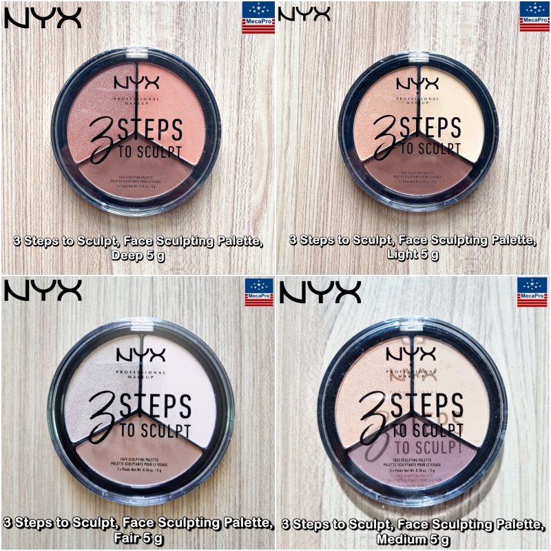 NYX® 3 Steps to Sculpt, Face Sculpting Palette 5 g นิกซ์ คอนทัวร์พาเลต สำหรับคอนทัวร์และไฮไลท์ Highlighter and Contour