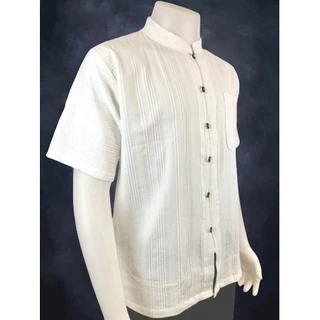 เสื้อผ้าฝ้าย ผ้าพื้นเมือง (Dy9) คอจีน ผ่าหน้า กระดุมกะลา สีขาว แขนสั้น