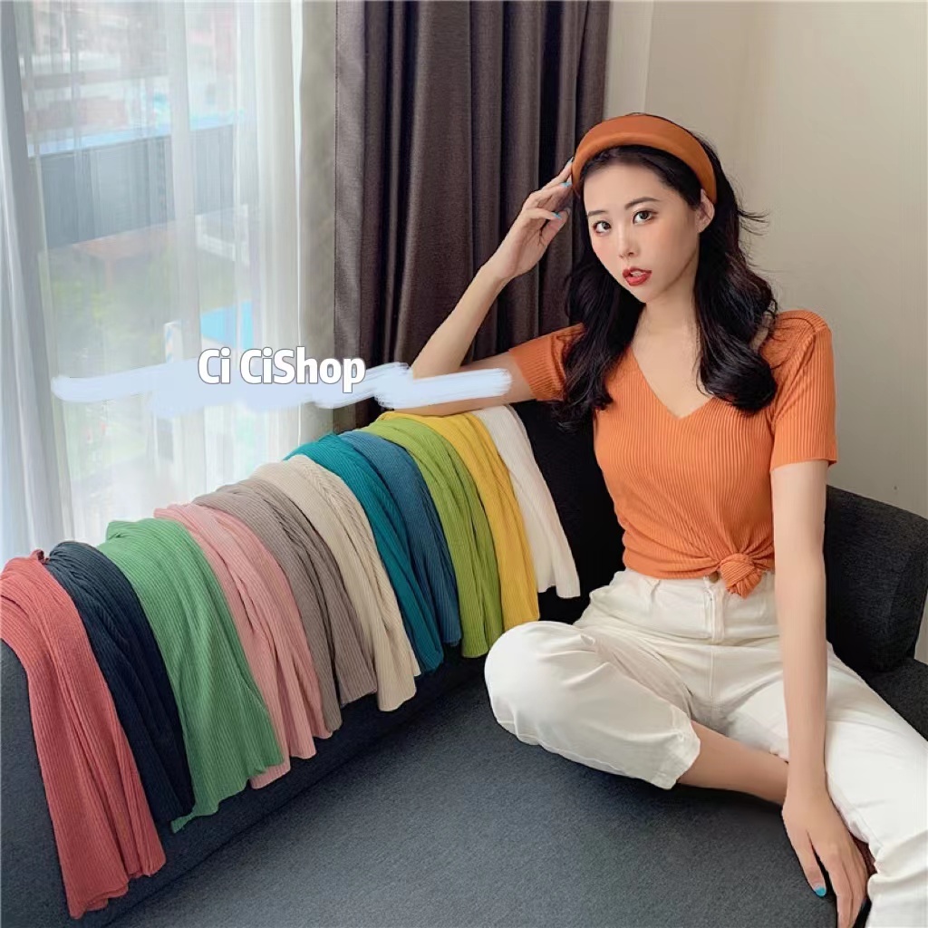Cicishop(SALE/สุ่ม. 622)เสื้อแขนสั้นไหมพรม คอวีทรงเข้ารูป สีสวยผ้านุ่มสบาย
