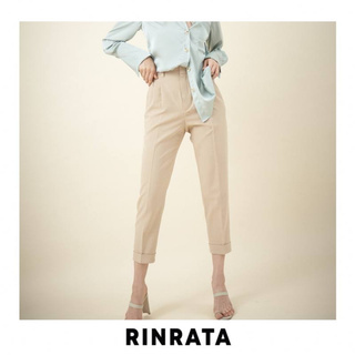 RINRATA - กางเกงขายาว จีบหน้า ขาเดพ ปลายขาพับ รุ่น Crato Pants สีเบจ