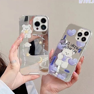 แฟชั่น เรียบง่าย กระจกเงา สีฟ้าและสีขาว หมี เคส iPhone 14 13 12 11 pro max Apple phone case xs max x xr 7plus 8 plus se 2020 CASE