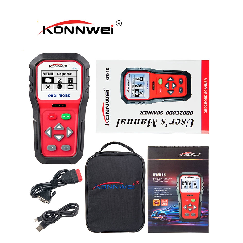 KONNWEI KW818 OBD2 เครื่องมือวินิจฉัย CAN BUS เครื่องอ่านรหัสรถยนต์ KW818 OBD II เครื่องสแกนเนอร์หลา