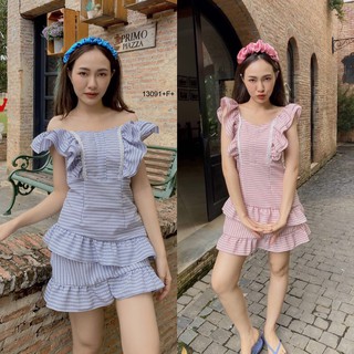 J13091 Dress เดรส ไหล่ระบาย ลายสก็อต
