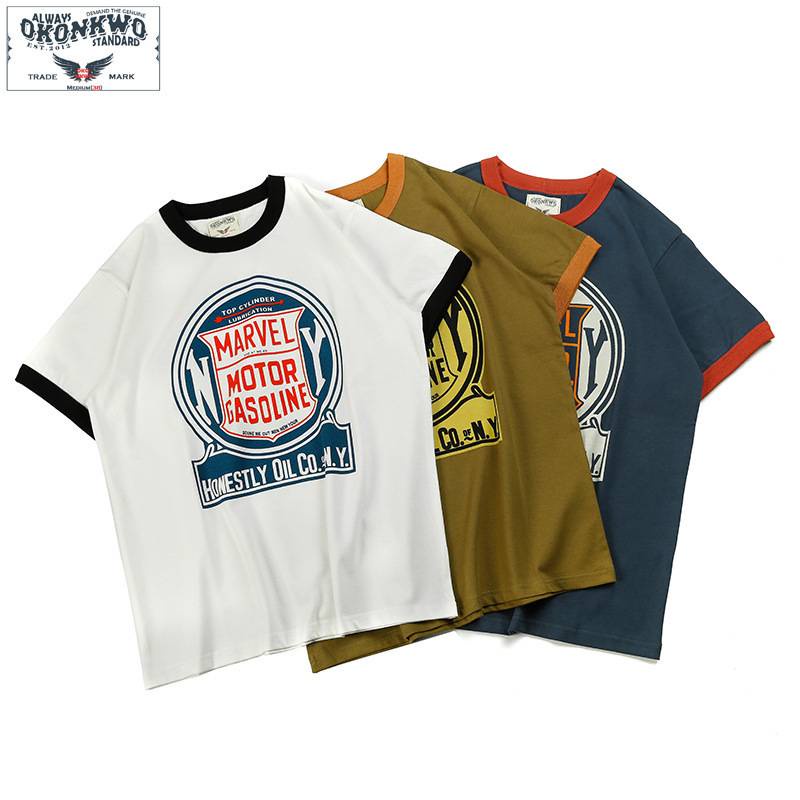 OKONKWO เสื้อยืดดีไซน์หัวรถจักร พิมพ์ลายสไตล์ยุโรปและอเมริกา ใช้ด้าย Aomei