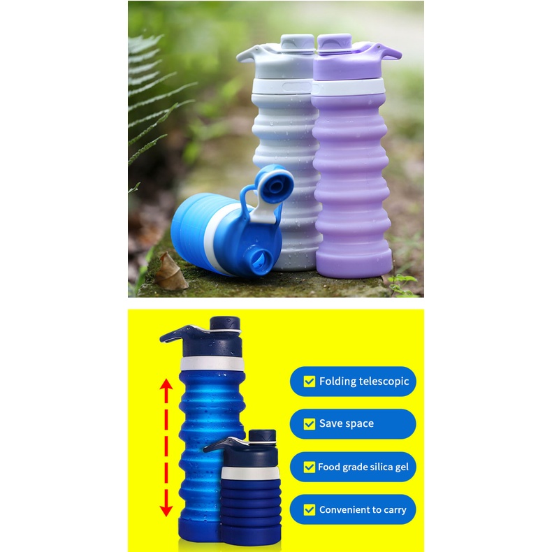 ขวดกีฬาPortable 550mL Sports Travel Silicone Collapsible Folding Drink ...