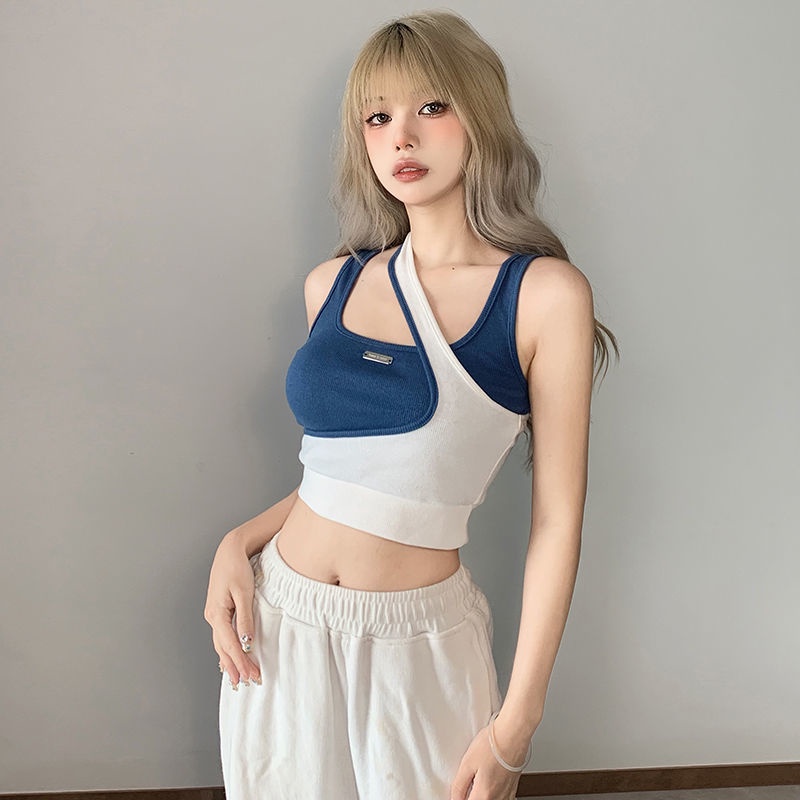 Toshow ลำลองสไตล์สปอร์ตสีตัดกันปลอมสองชิ้นเย็บเสื้อชั้นในสตรีแบบไม่สม่ำเสมอเสื้อแขนกุดแบบสั้นใส่ด้านในและด้านนอก