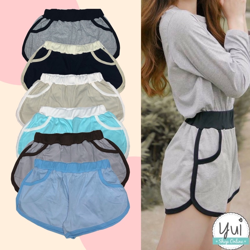 Yui กางเกงขาสั้นผู้หญิง ขอบสลับสีมีกระเป๋า SIZE S - 2XL สาวอวบใส่ได้ ผ้า Cotton เอวยางยืด ใส่สบาย