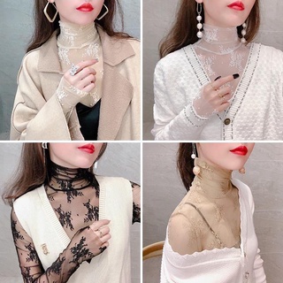 เสื้อตัวในลูกไม้คอสูงสำหรับผู้หญิงเสื้อซับในผ้าโปร่งโปร่งสไตล์ตะวันตกสำหรับฤดูใบไม้ร่วงและฤดูหนาวเสื้อผ้าตาข่ายแบบบางแขน