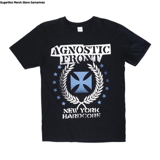 คอลูกเรือเสื้อยืดคอกลมเสื้อยืดวง Agnostic FRONT BLUE IRON CROSS - Mผ้าฝ้ายแท้