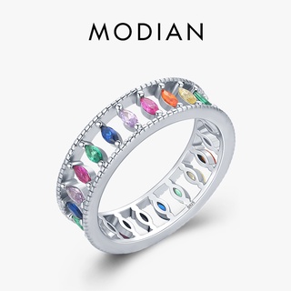 Modian แหวนเงินแท้ 925 ประดับคริสตัล รูปสี่เหลี่ยมขนมเปียกปูน สีรุ้ง วางซ้อนกันได้ หลากสี เครื่องประดับ แฟชั่นสําหรับผู้หญิง ปาร์ตี้