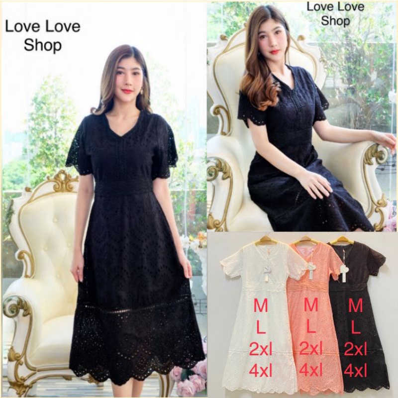 เดรสดำออกงาน!!! M-4XL Dress เดรสสีดำผ้าคอตตอนฉลุลายแขนสั้น งานป้าย