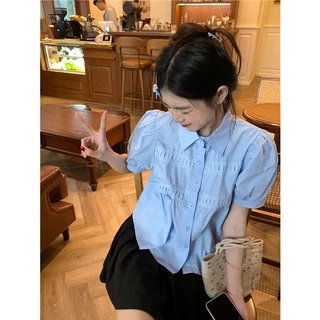 BH Summer เสื้อเชิ้ตแขนสั้นผู้หญิง แขนฟองหลวม