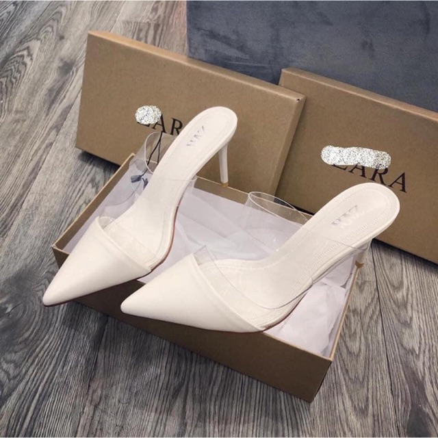 ZARA ภาพถ ่ ายจริงที ่ แนบมา + I Super Luxury White Pointed Toe Mule Shoes 8 ซม.Zara Pointed Heel
