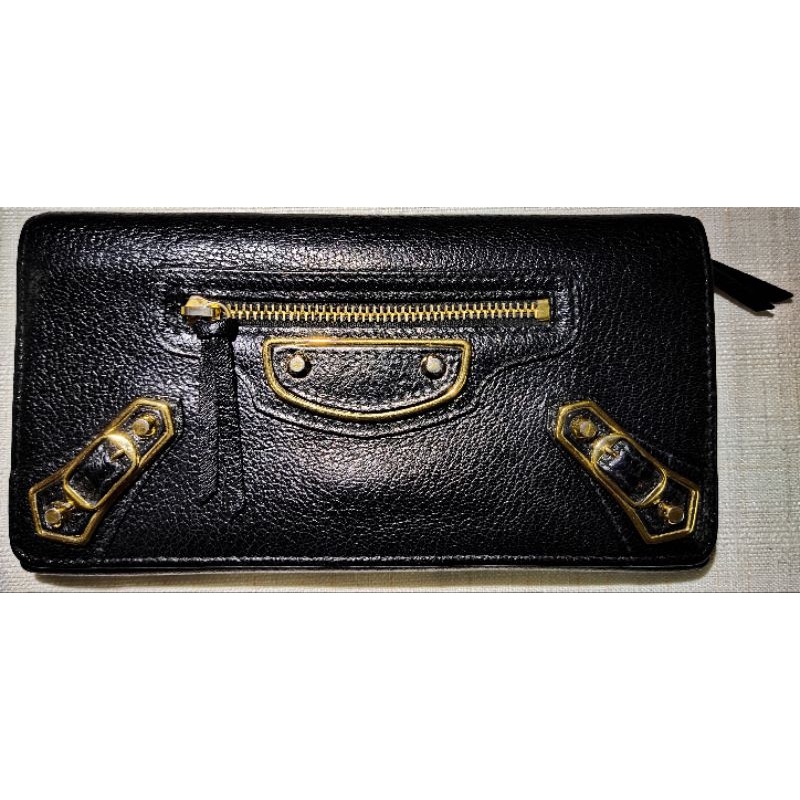 (Used)Classic Long Wallet gold-metallic-edge Balenciaga , goat leather in black กระเป๋าสตางค์หนังแท้ หิ้วมาตรงไม่มีกล่อง