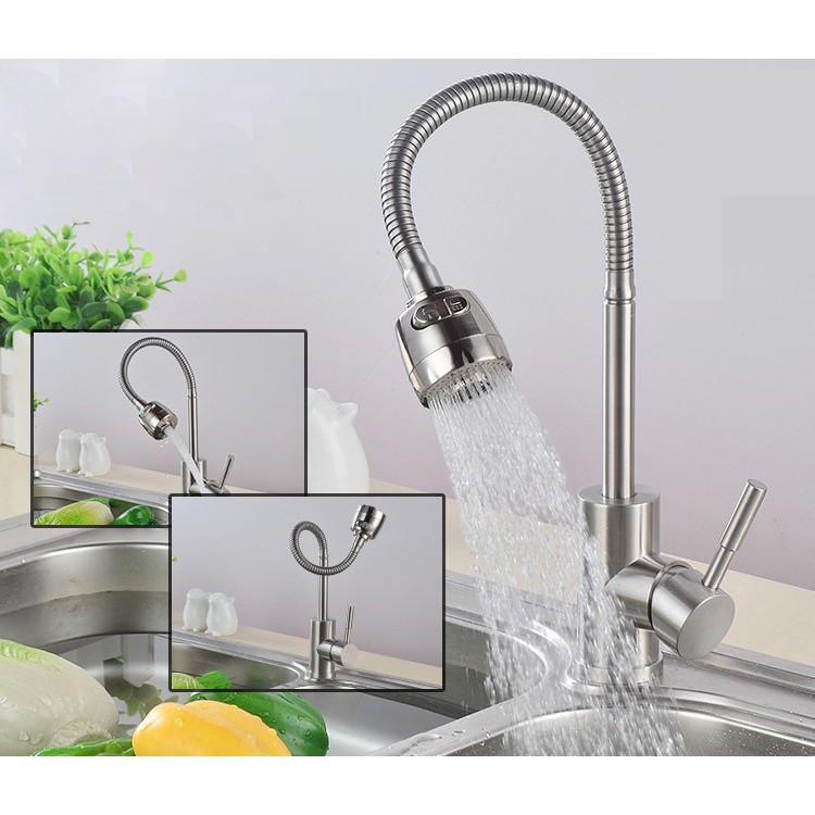 ก๊อกซิ้งค์อ่างล้างจาน ก๊อกซิงค์ยืน สแตนเลส 304!!  คอดัดได้อิสระ สายแข็ง ปรับระดับน้ำได้ #CBP-M611