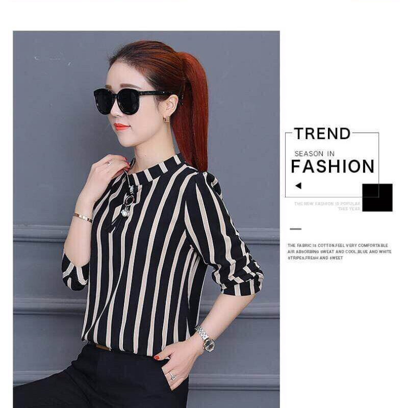 เสื้อสตรีไซส์ใหญ่ลายทางแนวตั้งแขนสามในสี่อารมณ์ครึ่งแขนเสื้อเกาหลีด้านบน ราคา ถูกที่สุด ดีลบีเคเค แกลเลอรีภาพที่ 7