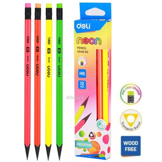 Graphite Pencil ดินสอไม้HB ทรง3 เหลี่ยม สีนีออน ยี่ห้อ Deli U54600 (12ด้าม/กล่อง)