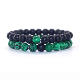 สร้อยข้อมือหินแท้เซตคู่ ไปใส่กับแฟน คือไปใส่เองคนเดียว Matte Black Onyx + Malachite ขนาด 8 มิล