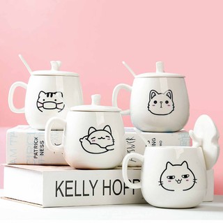 แก้ว Cute cat cup พร้อมฝาและช้อนคน  ลายนุ้งเมี๊ยว