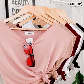 🎀เสื้อเรย่อน เสื้อครอป คอกว้าง ผูกข้าง แขนสั้น เสื้อยืด แขนสั้น T-shop