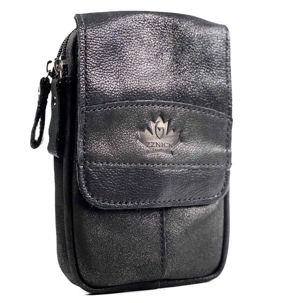 ac Chinatown leather กระเป๋าหนังแท้ใส่มือถือฝาหน้าสีดำซิปคู่เข้มiphone6-7-8พลัสได้ 3 เครื่อง