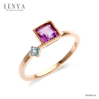 Lenya Jewelry แหวนอเมทีสต์ (Amethyst) ประดับโทแพซสีฟ้า (Blue Topaz) เม็ดเล็ก ตัวเรือนเงินแท้ 925 ชุบพิ้งโกล์ด