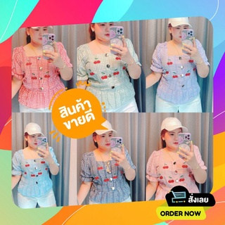 เสื้อสาวอวบ  เสื้อคอฉากกระดุมหน้าลายเชอรรี่ 617
