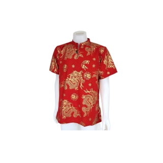 เสื้อตรุษจีน ผ้าฝ้ายอัดลายด้วยผงทองคำ ถ่ายรูปขึ้นเงาสวยเด่นมาก ลายมังกรทอง มีให้เลือกหลายแบบหลายไซส์