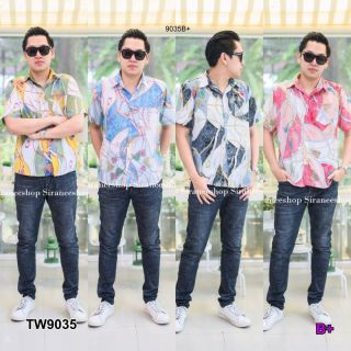 TW9035 เสื้อเชิ้ตแขนสั้น เชิ้ตคอปก แขนสั้น มีกระดุมและกระเป๋าอยู่ด้านหน้า พิมพ์ลายโซ่  สีสันสวยสดใส ทรงสวย เนื้อผ้าใส่สบ