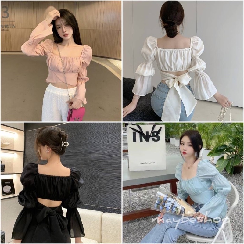 เสื้อครอปคอเหลี่ยมแขนยาวแต่ง2ชั้นผูกโบว์หลัง