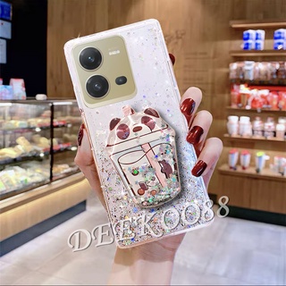 เคสโทรศัพท์มือถือ VIVO V25 5G V25e 4G Y35 Y22 Y22S Y16 Y02S Smartphone Case Cute Lovely Cartoon Bears Bracket Milk Tea Phone Casing With Stand Holder Back Cover VIVOY35 VIVOY16 VIVOV25 VIVOV25e