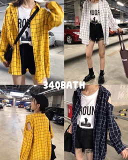 ชุดเซ็ตแขนกุด เสื้อคลุมแต่งเว้าไหล่1ข้าง ทรงover size  เนื้อผ้าคอตตอนพิมพ์ลายตาราง