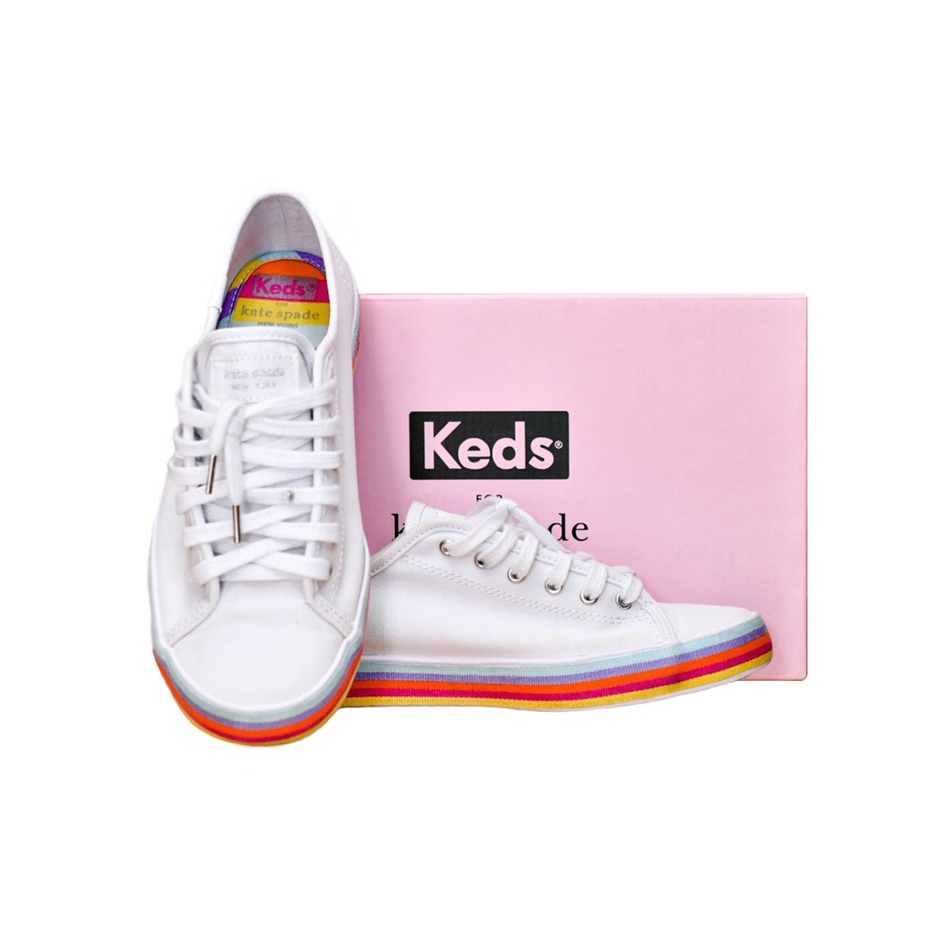 ❌ขายแล้ว​ keds​ รองเท้าผ้าใบ​แบบผูกเชือกสีขาว (​แถบสีรุ้ง) มือสองสภาพใหม่มาก (มีวิดีโอ)