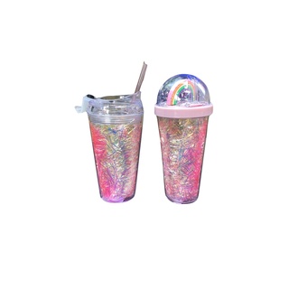 แก้วน้ำเก็บความเย็น แก้วน้ำลายวิบวับ สวย หรูหรา พร้อมหลอด ขนาด 450 ml. แก้วน้ำแข็ง