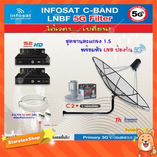 Thaisat C-Band 1.5M (ขางอยึดผนัง 120 cm.) + infosat LNB 2จุด รุ่น C2+ (5G) + PSI S2 HD 2 กล่อง พร้อม สายRG6 50 m.x2