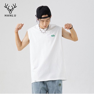 HANLU เสื้อแขนกุด สำหรับผู้ชาย แฟชั่น ฤดูร้อน แขนกุด คอกลม ลายพิมพ์ เทรนด์สีพื้น แขนสั้น เสื้อยืดผช