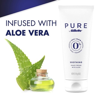 PURE by Gillette Soothing Shave Cream With Aloe 177ml ครีมโกนหนวดสูตรอ่อนโยนพิเศษเพื่อผิวบอบบางแพ้ง่ายจากยิลเล็ต