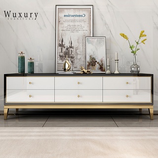 ตู้วางทีวี modern luxury ชั้นวางทีวี ไฮกลอสขอบสแตนเลสสีทอง จัดส่งฟรี