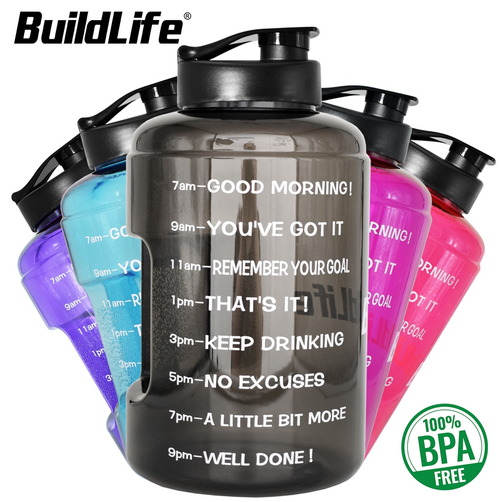 Gym BuildLife 2L/1.3L Sport Water Bottle with Time Marker & Strainer/Tracker Helps You Drink More Daily/Leakproof Lid for Running Outdoors and Camping 