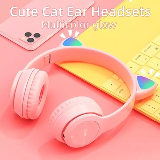 หูฟังบลูทูธ P47M ไร้สาย หูฟังเกมส์มิ้ง  หูฟังหูแมว Bluetooth Wireless Headphone แบบครอบหูมีไมค์ในตัว ไฟLed สนับสนุน Tf