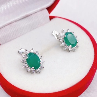 N6402 ต่างหูพลอยโมราแท้ ( Chrysoprase ) แบบอิงลิชล็อค ตัวเรือนเงินแท้ 925 ชุบทองคำขาว